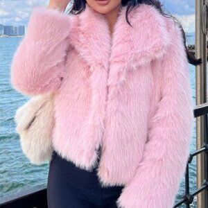 Pink Women's Casual Luxury Coat Warm Faux Fur Coat
